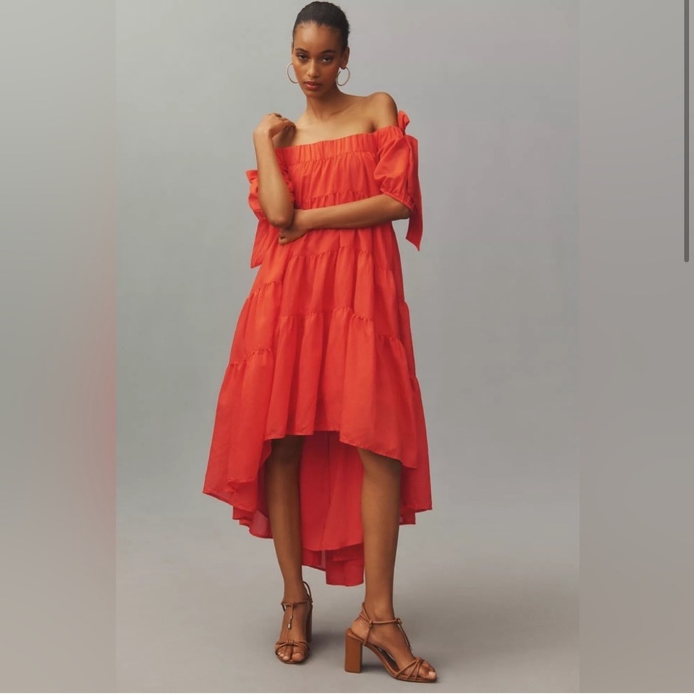 Anthropologie Off-The-Shoulder Tiered High-Low Midi Dress